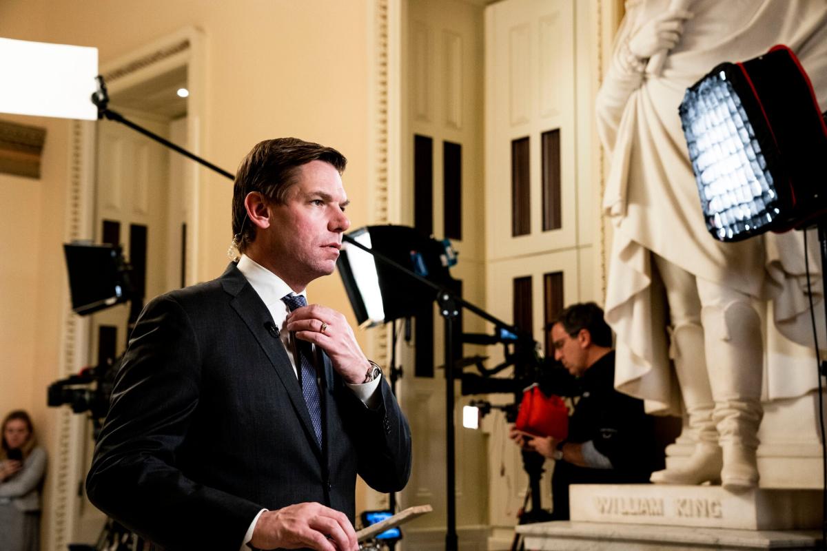 Representative Eric Swalwell of California helped investigate evidence against the president during his first impeachment in 2019.Credit...Anna Moneymaker/The New York Times